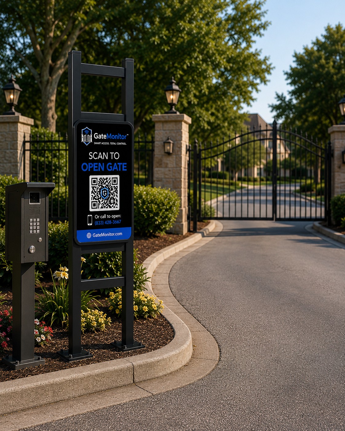 GateMonitor QR sign stand installed alongside existing keypad at a residential gated community entrance