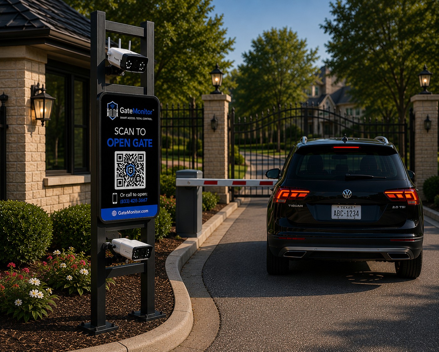 SmartPath + LPR stand with GateVision S1 camera on top and GateVision P1 LPR camera below, vehicle with visible rear Texas plate approaching gate