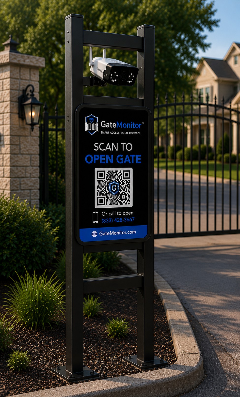 SmartPath stand with GateVision S1 camera mounted on top, installed at a residential gated community entrance