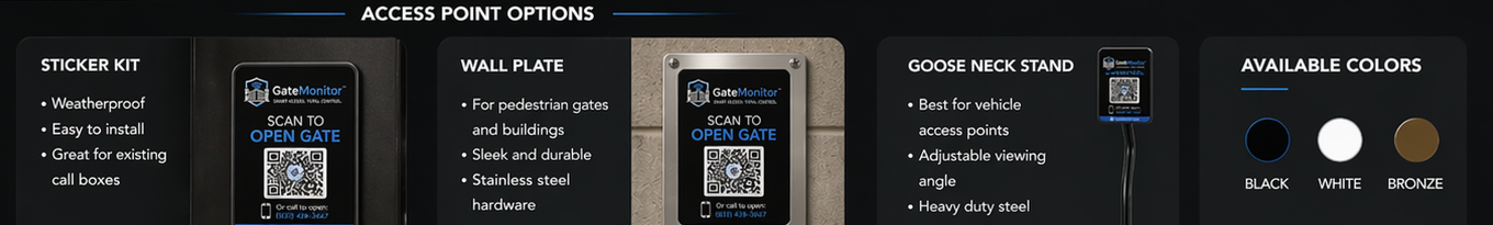 GateMonitor QR sign options: QR Entry Sign, QR Mini, QR Warning Sign, plus mounting accessories