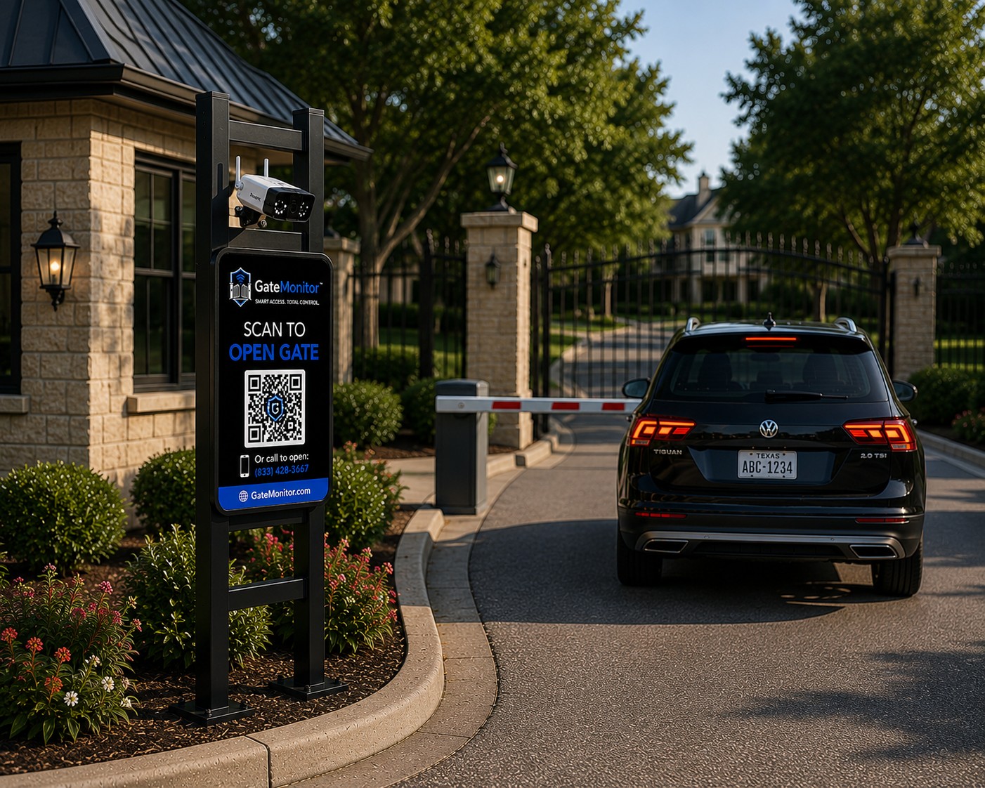 Vehicle with Texas plate approaching a GateMonitor stand — LPR camera captures plate for automatic gate opening