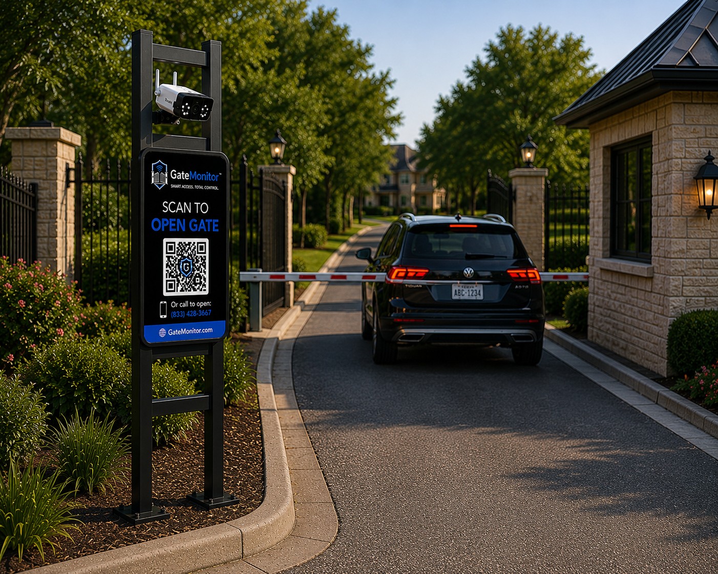 GateMonitor SmartPath stand at dusk — vehicle approaching a residential gated entrance with camera-equipped QR sign in the foreground
